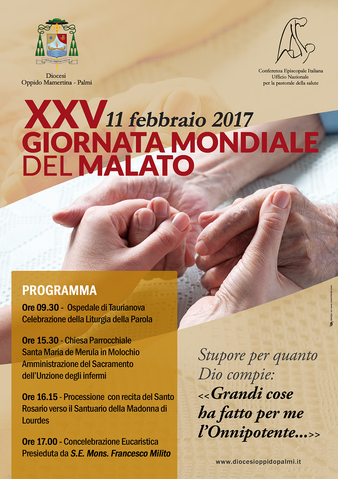 Il Vescovo celebrerà la Giornata Mondiale del Malato presso l’Ospedale di Taurianova, la parrocchia di Molochio e il Santuario ‘Madonna di Lourdes’
