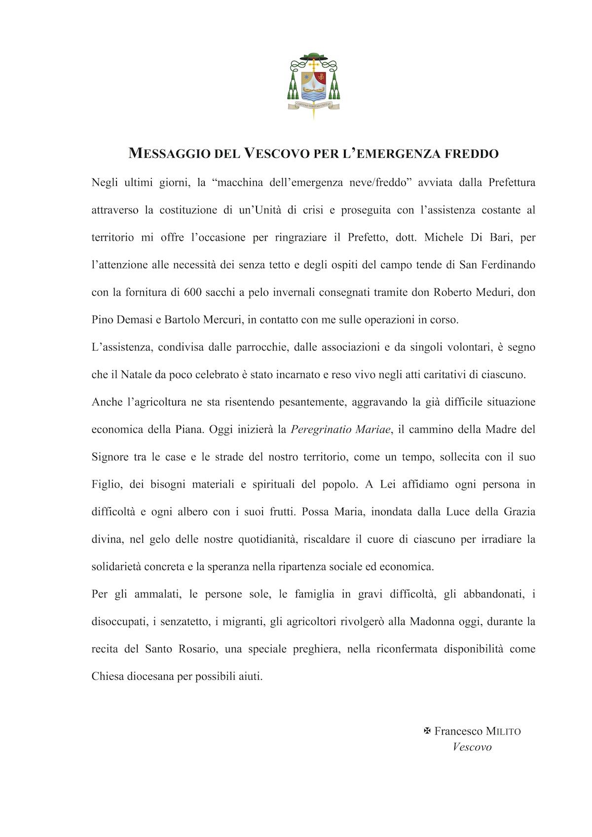 Messaggio del Vescovo per l’emergenza freddo degli ultimi giorni