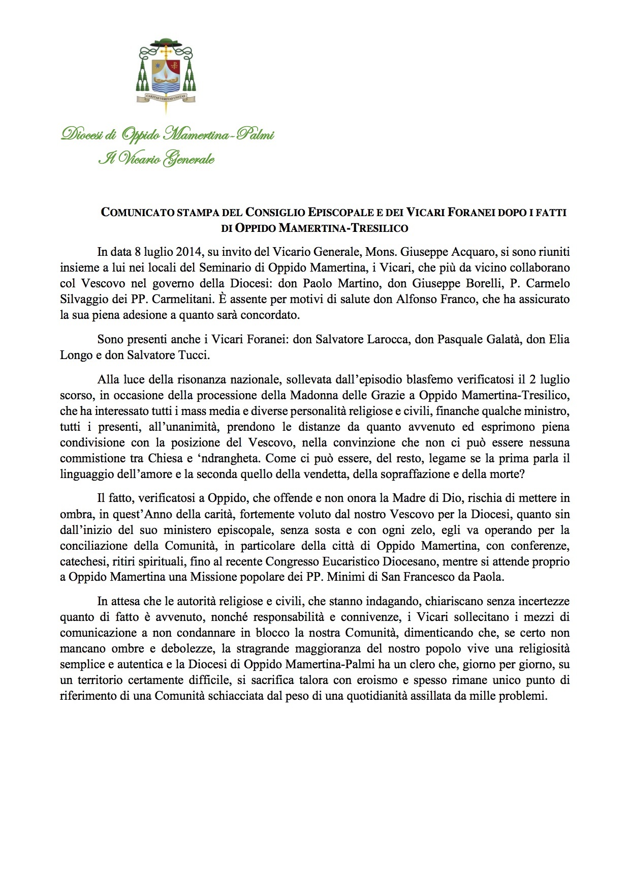 Comunicato Stampa del Consiglio Episcopale e dei Vicari Foranei dopo i fatti di Oppido Mamertina – Tresilico
