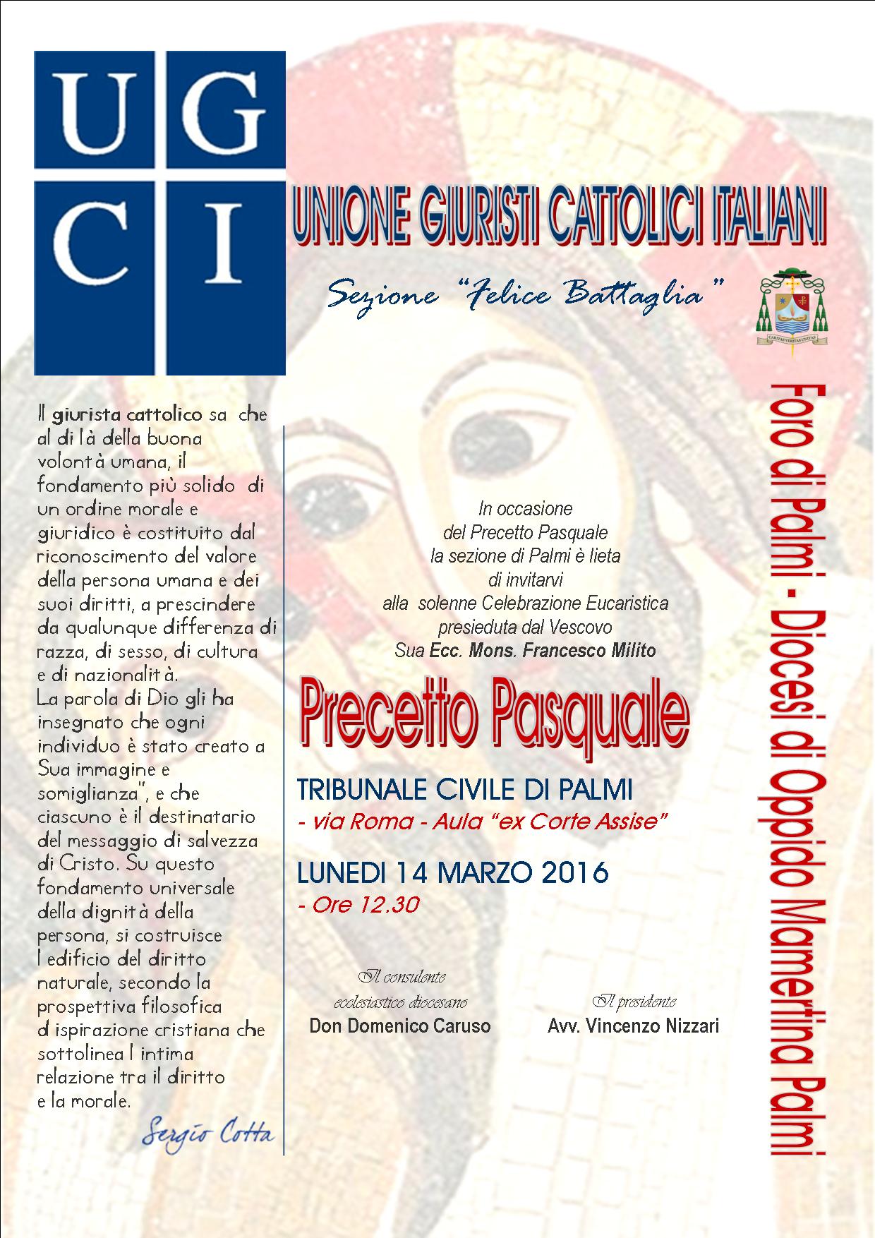L’Unione Giuristi Cattolici sez. “Felice Battaglia” organizza il precetto Pasquale nel Tribunale di Palmi