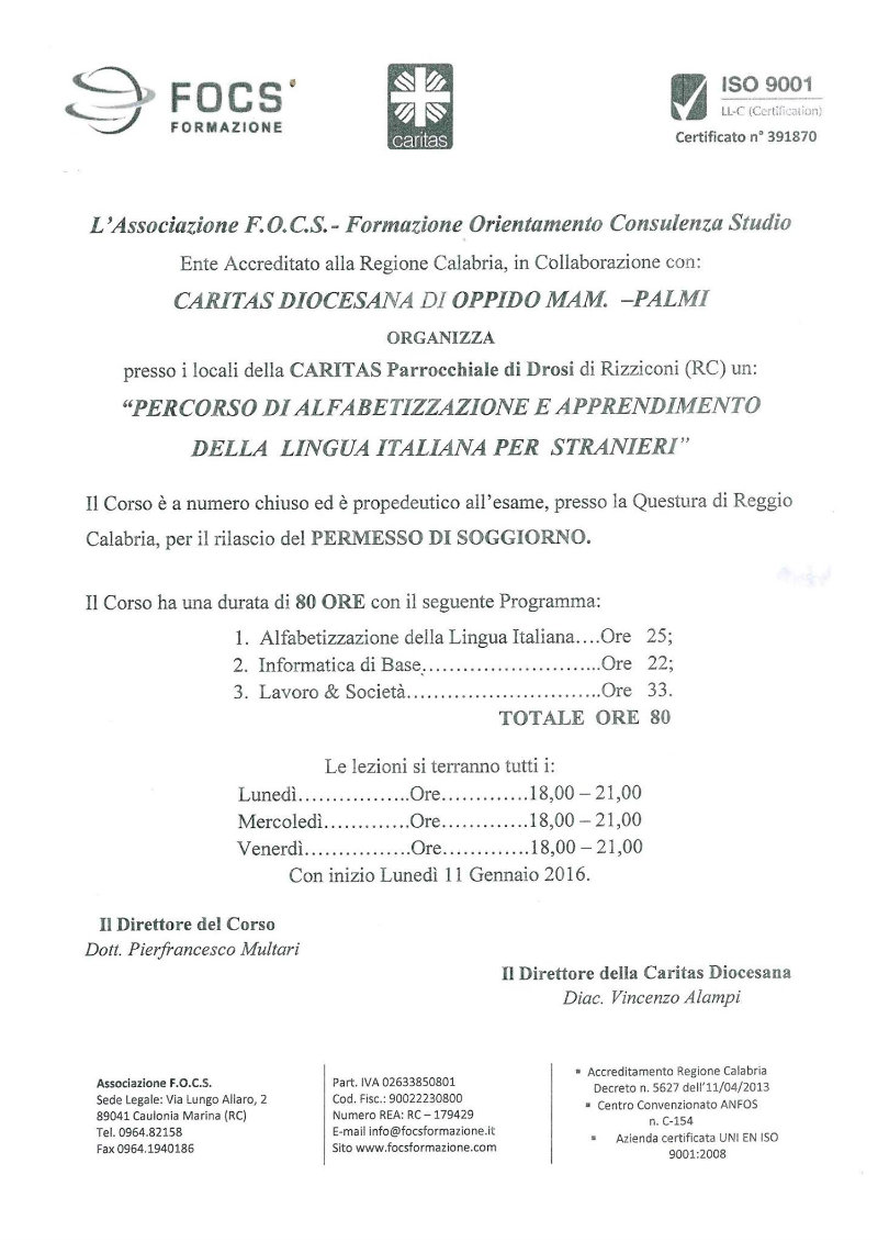 La Caritas avvia il corso di alfabetizzazione della lingua italiana e apprendimento del mercato del lavoro per stranieri