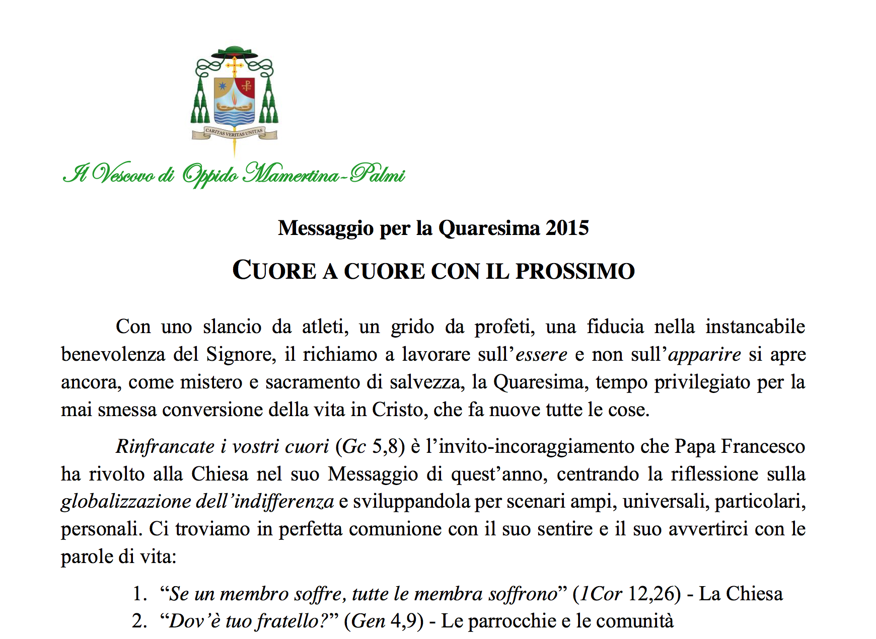 “Cuore a cuore con il prossimo” – Il Messaggio per la Quaresima del nostro Vescovo