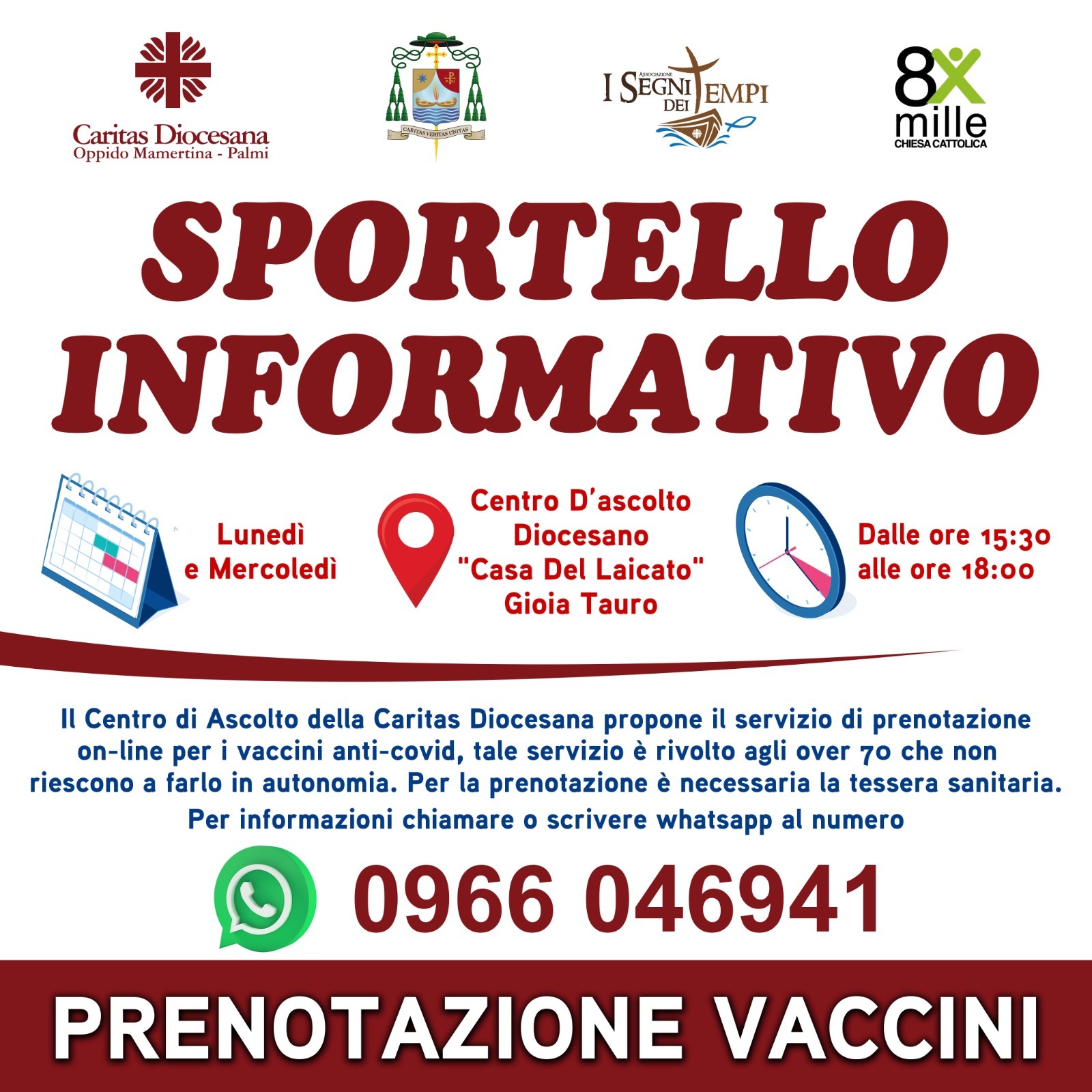Centro d’Ascolto Caritas diocesana – Servizio di prenotazione dei vaccini anti covid.